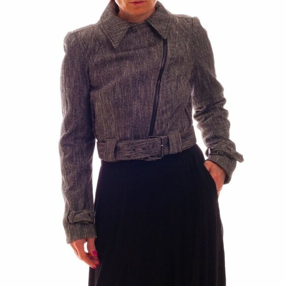 Bebe 4 Cropped Wool Moto Blazer Jacket Herringbone Belted Black/White Buckle - Picture 2 of 12